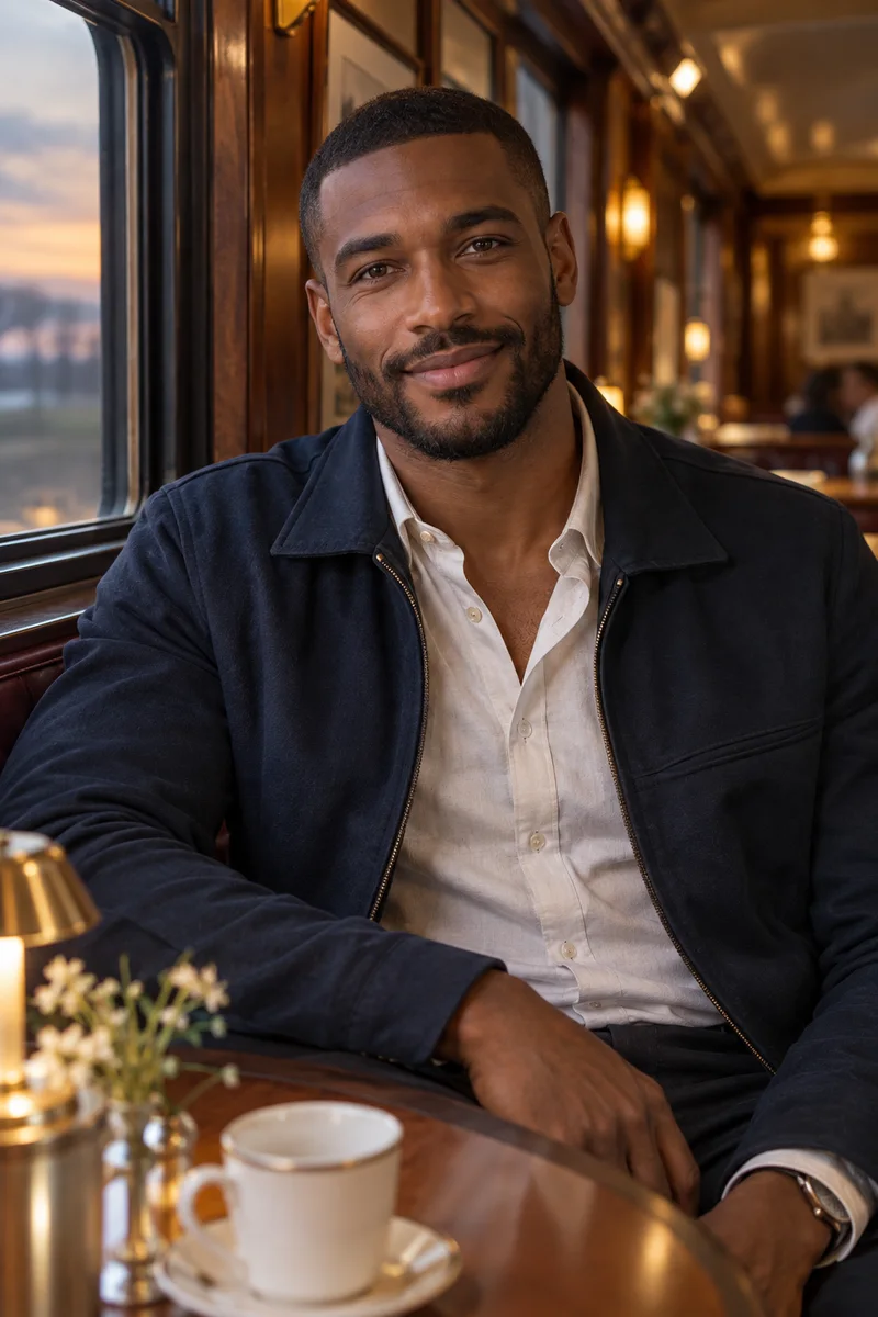 AI-generated portrait of Adrian, a smiling fictional adult in a welcoming setting