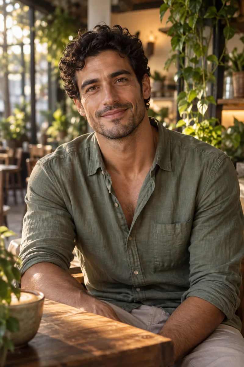 AI-generated portrait of Julian, a smiling fictional adult in a welcoming setting
